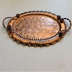 Gregorian Copper Hand Hammered Oval Serving Tray Rose Accents Made in USA 18in